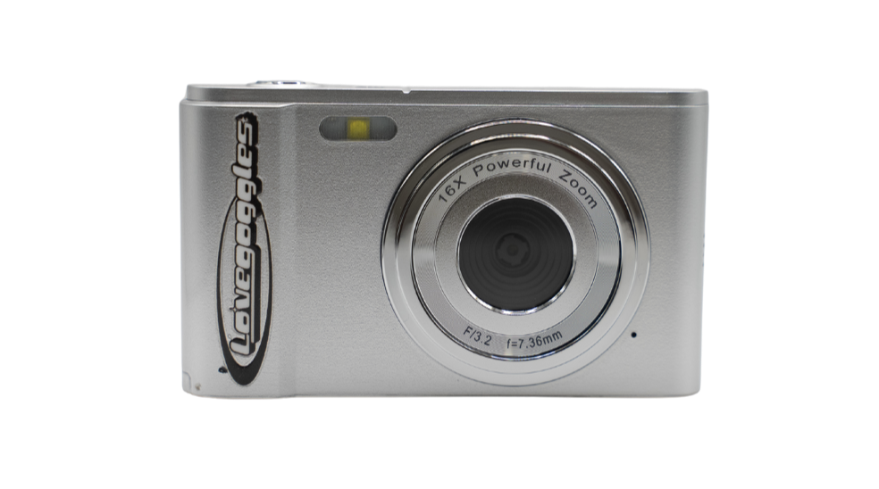 Love Goggles silver Y2K digital camera, front view with chrome wordmark and lens