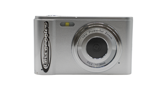 Love Goggles silver Y2K digital camera, front view with chrome wordmark and lens